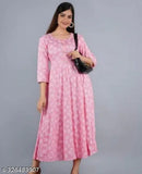 Rayon three-quarter sleeve printed kurti by Saawariya Enterprise, pink and white combination for women's fashion, great fit sizes S, M, L (36in bust/46in size length, 38in bust/46in size length, 40in bust/46in size length)