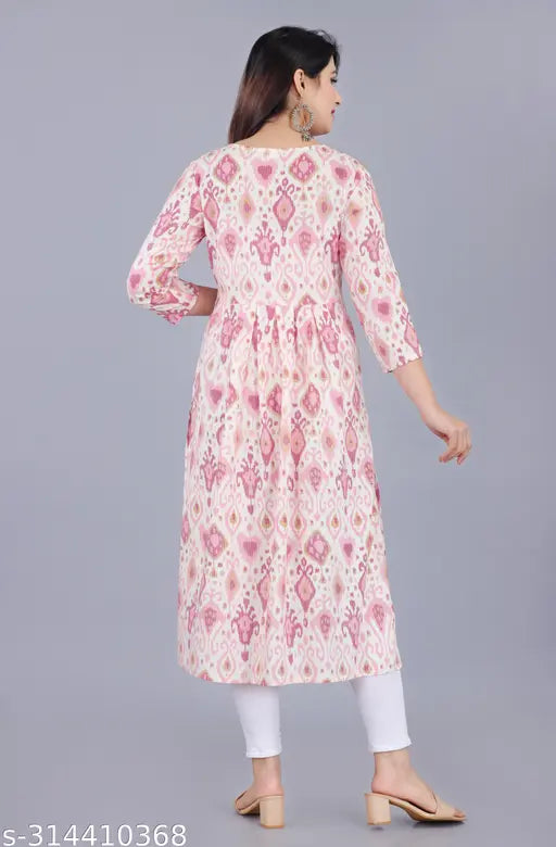 Indian-origin rayon women's printed calf-length kurti, three-quarter sleeves, round neck