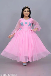 Embroidered net girls' festive dress, three-quarter sleeves, Indian made for kids party