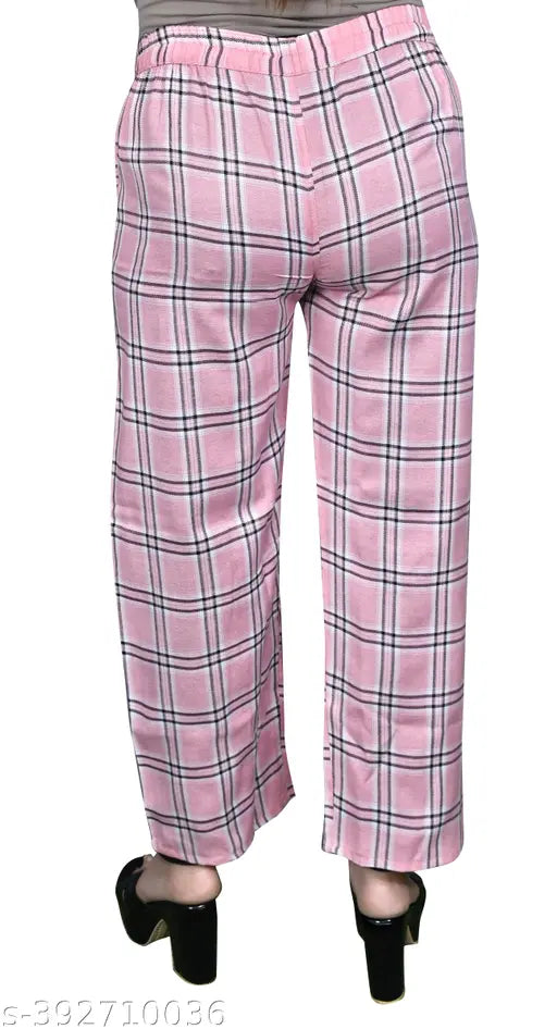 Pink and white check cotton trousers pack of 2 combo - women's fashion pants for summer, custom made in India