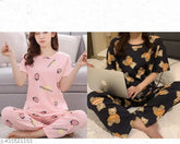 Black printed polycotton women's night suit set, pack of 2 by HAMAYRA ENTERPRISE for comfortable, stylish sleepwear