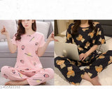 Black printed polycotton women's nightsuit set from HAMAYRA ENTERPRISE, pack of 2 for comfortable sleepwear