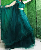 Embellished acrylic and net lehenga with ruffled dupatta, best for parties in various colors: green, yellow, dark green, blue, and yellow full gher style. Indian origin