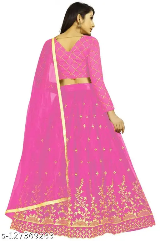Adrika fabulous women lehenga set, art silk choli and net dupatta with embroidered patterns, semi-stitched (42in/44in), color may vary, made in India