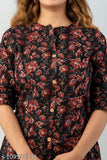 Floral print cotton kurti, three-quarter sleeves, pockets, Indian handloom apparel