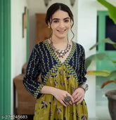 Green printed rayon anarkali kurti, trendy women's ethnic wear party gown