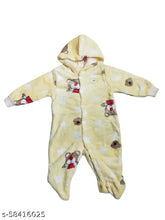 Soft acrylic wool baby romper dress with hood, vibrant prints, full sleeves, and attached cap & socks