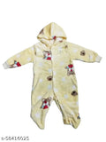 Soft acrylic wool baby romper dress with hood, vibrant prints, full sleeves, and attached cap & socks
