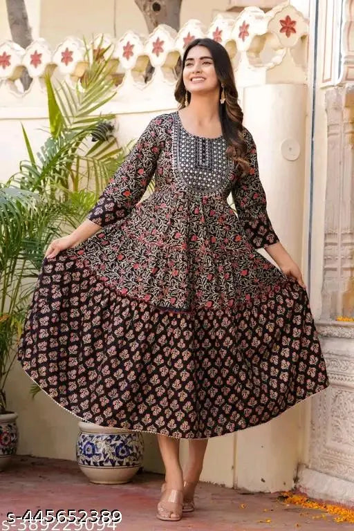 Black embroidered rayon flared anarkali gown kurta for women, three-quarter sleeves with printed pattern