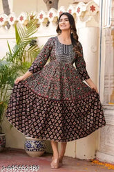 Black rayon embroidered flared anarkali gown kurta for women, printed pattern with three-quarter sleeves. Single size options: S (36in bust), M (38in bust), L (40in bust), XL (42in bust), XXL (44in bust), XXXL (46in bust). Made in India