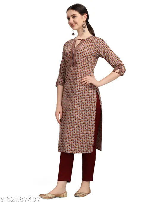 Multicolor cotton straight kurti, three-quarter sleeves, embroidered pattern. Ideal for casual wear & kitty parties. Lightweight, assures comfort. Pair with leggings, palazzo, accessories