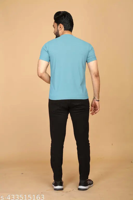 Blue colorblocked polyester T-shirts for men, short sleeves, STI brand