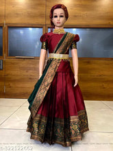 Traditional kids half saree for girls, art silk lehenga with woven zari design, free size (1.7m dupatta length), unstitched in litchi silk, comes with tussled dupatta and belt, made in India