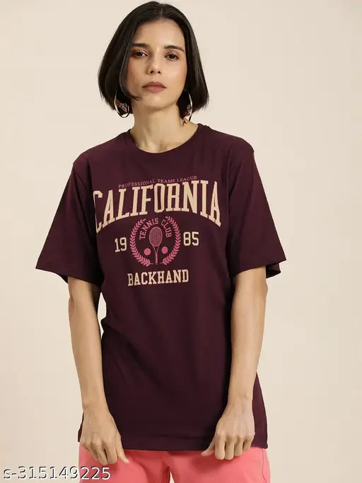 Dillinger maroon typography oversized cotton t-shirt, short sleeves, printed pattern, XS (38in bust, 27in length)