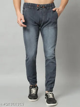 Grey denim stretchable joggers for men's with regular fit and monkey wash, trendy grey jogger from Crishtaliyo 2Fashion Present on display