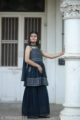 Blue Georgette Anarkali Palazzos Suit with Embroidered Top and Dupatta, Indian ethnic wear for girls aged 3-15 years