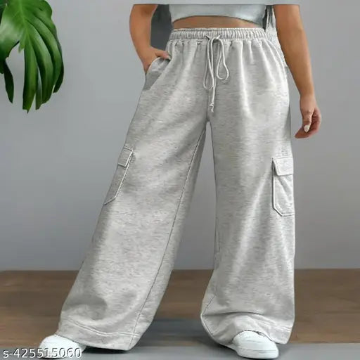 Grey cotton blend cargo pant, ORETIC Trandy Women Fancy - solid net, six pockets, baggy style