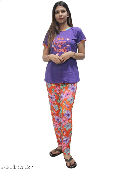 Matelco women's printed round nightsuits, cotton T-shirt and pyjama set with short sleeves, available in M (38in/27in/39in/38in) and L (40in/27in/41in/38in), India origin