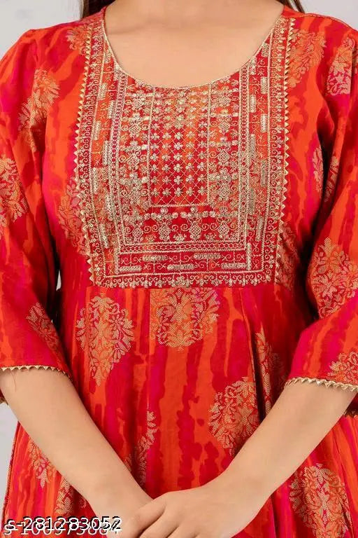 Orange rayon embroidered gold printed anarkali kurti with three-quarter sleeves, India origin