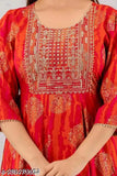 Orange rayon embroidered gold printed anarkali kurti with three-quarter sleeves, India origin