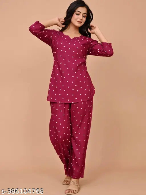 Maroon viscose rayon night suit top and plazzo set, women's three-quarter sleeves printed design, available in S-XXXL, made in India