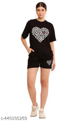 Black printed cotton nightsuit set (top & shorts), luxurious 180 GSM cotton for comfortable lounging