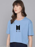 Blue cotton blend BTS printed round t-shirt for women, casual and comfortable