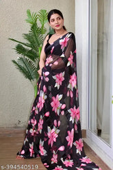 Gorgeous georgette women's saree with unstitched blouse piece, printed pattern, free size, Indian origin