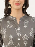 Gray rayon kurti and palazzo set with printed design, three-quarter sleeves, suitable for women in sizes S to 4XL. Indian-made