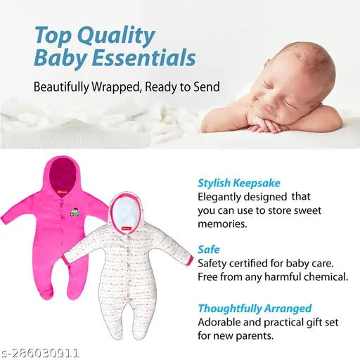 Cotton VParents Zoey hooded full sleeve baby footies sleepsuit rompers, colorful & attractive designs, easy dressing, pack of 2, India origin