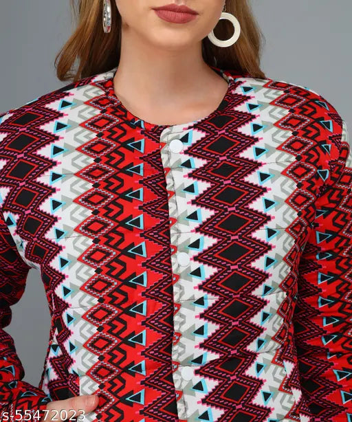 Vibrant multi-design printed polyester bomber jacket, women's full sleeve style, ideal for stylish winter outings