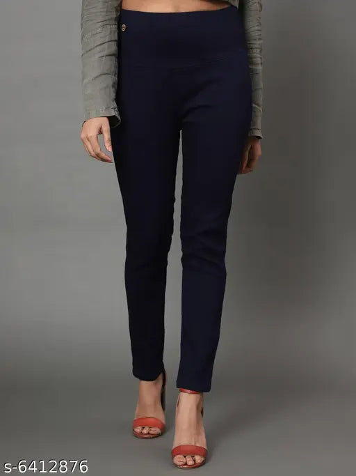 Denim skinny fit stretchable high waist elastic jeggings, solid navyblue-skyblue for women pack of 2 on hanger