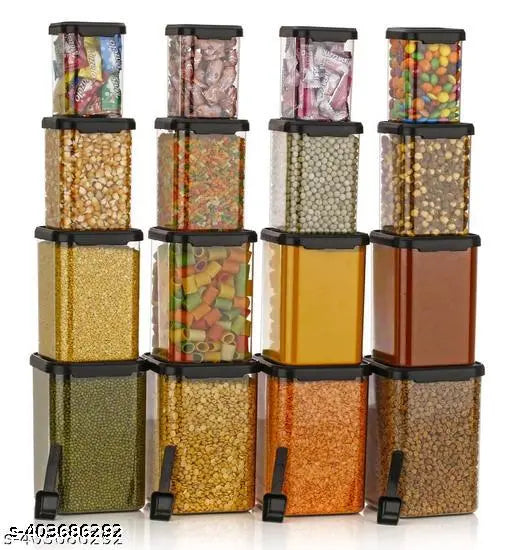 Airtight plastic storage containers and jars for kitchen in various sizes: 1400ml, 900ml, 650ml, and 350ml. Ideal for organizing kitchen essentials