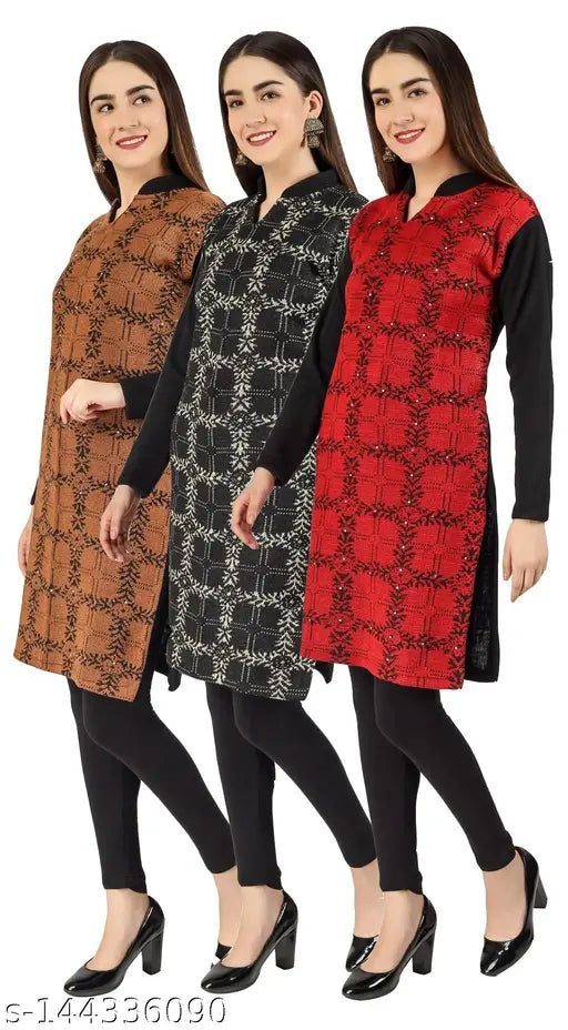 Long-sleeve woolen kurta combo in printed design (M, L, XL) - Christy's Collection from India