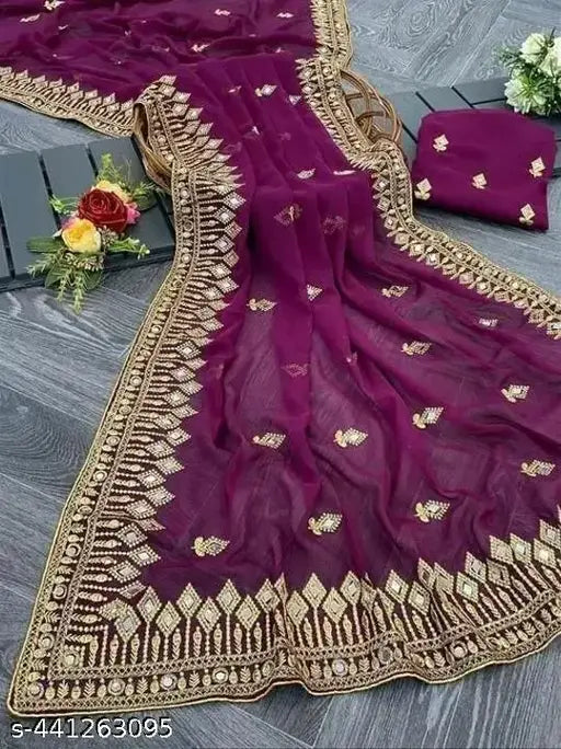 Embroidered Georgette wedding sari with Durgapuja floral design, single size, India origin
