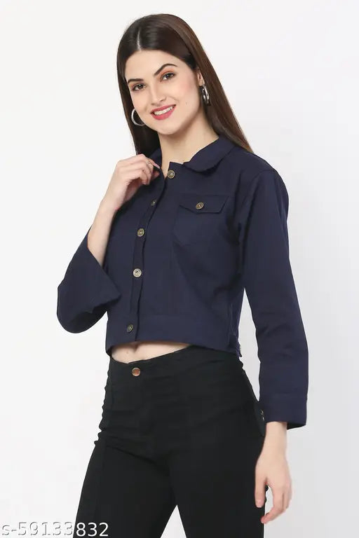 Cotton-blend solid jacket, 3/4 sleeves, women's size 34, India-made fashion wear