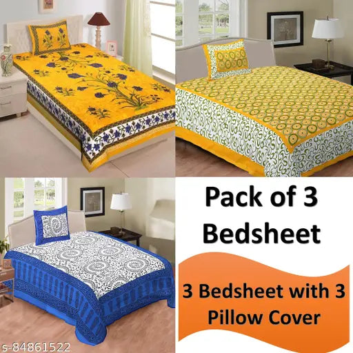 Jaipuri cotton single bedsheet pack of 3 with matching pillow covers, featuring intricate Jaipuri print pattern