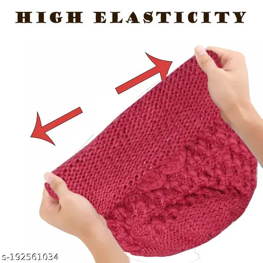 Warm woolen beanie hat (red & grey) - ladies cap with fleece lining and fur trim, perfect for women and girls in winter