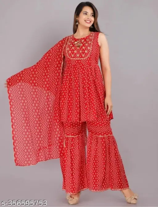 Red Rayon Printed Anarkali Kurta Sharara with Dupatta Set - Indian Summer Fashion