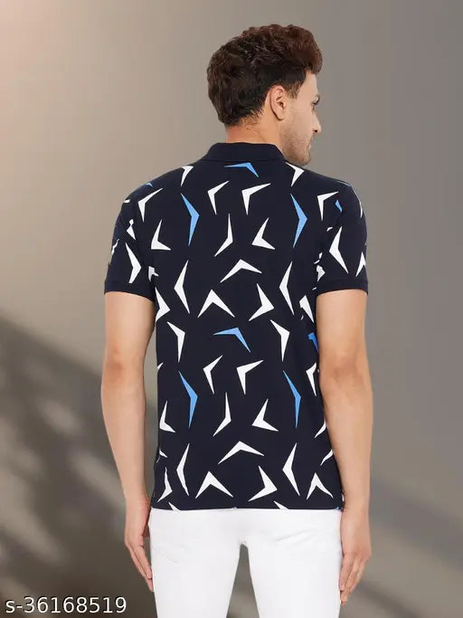 Navy Blue Wild West Mens Polo Neck Cotton Half Sleeve Colorblocked T-Shirt for men on display