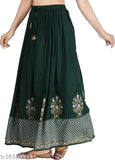 Green rayon Fancy Glamarous Women's Western skirt with Jaipuri gold printed long full-length design, perfect for weddings and parties. Hand and machine washable, free size (waist 38-40in, length 40in). Made in India