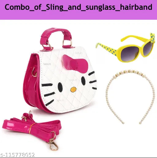 Printed net cartoon hardshell handbag, sunglasses, pearl hairband - Kids' birthday combo gift