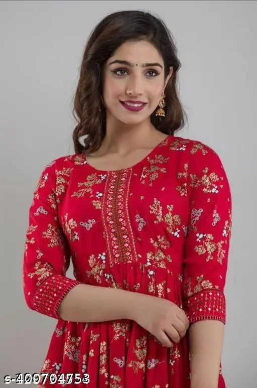 Red border flower printed viscose rayon Anarkali kurti, traditional-meets-contemporary Indian ethnic wear with three-quarter sleeves