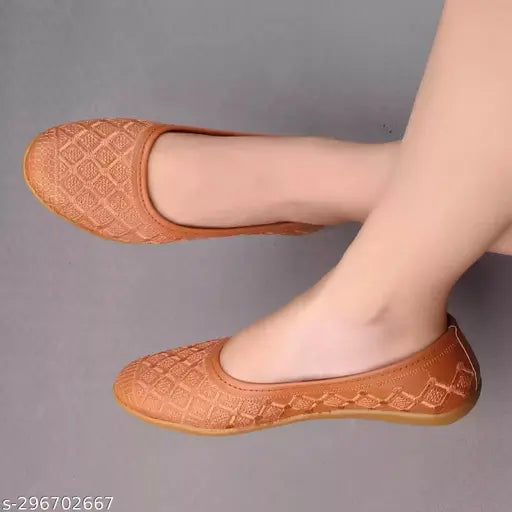 Brown synthetic leather Jaipuri embroidered belly flats for women's party or wedding outfits