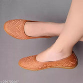 Brown synthetic leather Jaipuri embroidered belly flats for women's party or wedding outfits