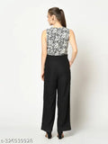 Black and white printed trendy jumpsuit for women (L: Bust 40in, Length 57in, Waist 34in), polyester sleeveless style