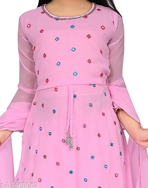 Pink Georgette girls frock, embroidered net three-quarter sleeve dress, size 3-4 years