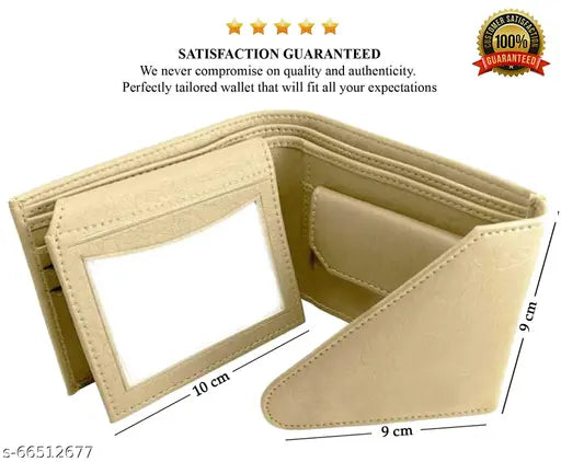 Beige PU leather bi-fold wallet for men with 2 compartments, 3 card slots, and snap lock closure