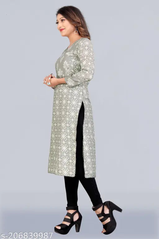 Printed cotton blend straight winter kurti, three-quarter sleeves, XXL size
