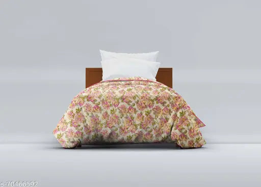 White microfiber, 150 GSM cream rose flower print comforter/blanket (54L x 88W inches), Indian-made polyester bedding